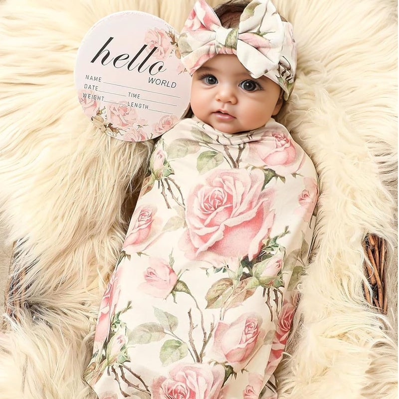 Galabloomer Newborn Receiving Blanket Headband Set Baby Flower Swaddle (vintage flower) - Image 3